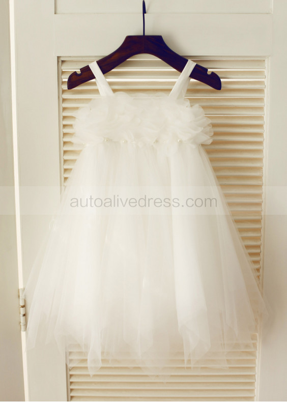 Thin Straps Pearl Ivory Tulle Knee Length Flower Girl Dress 